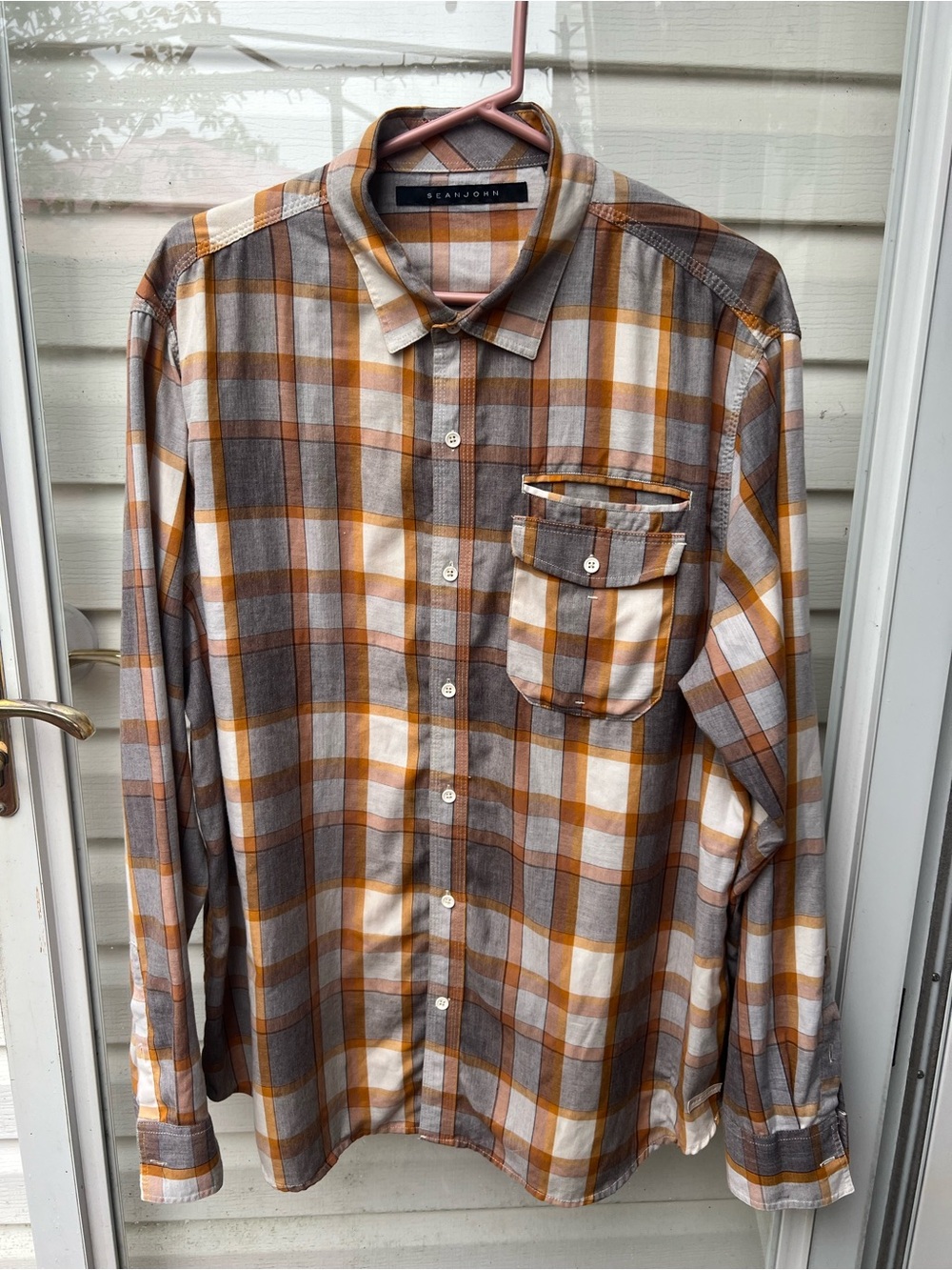Sean John Brown, Cream & Orange Plaid Button-Down Shirt